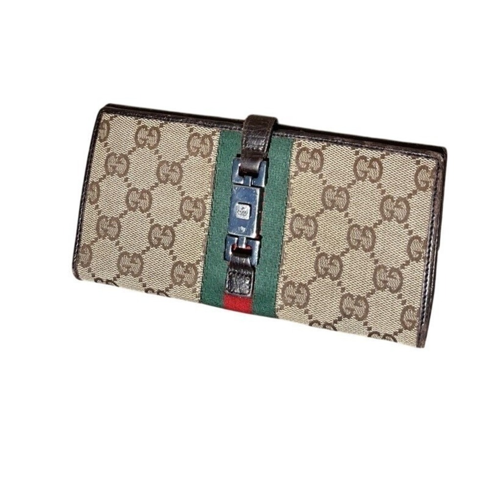 Vintage Gucci GG Canvas Web Stripe Continental Wallet Jackie Clasp Leather Italy